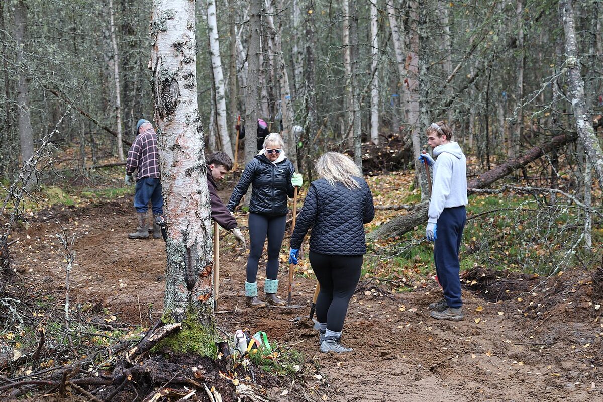 Volunteers working together on trail maintenance teamwork